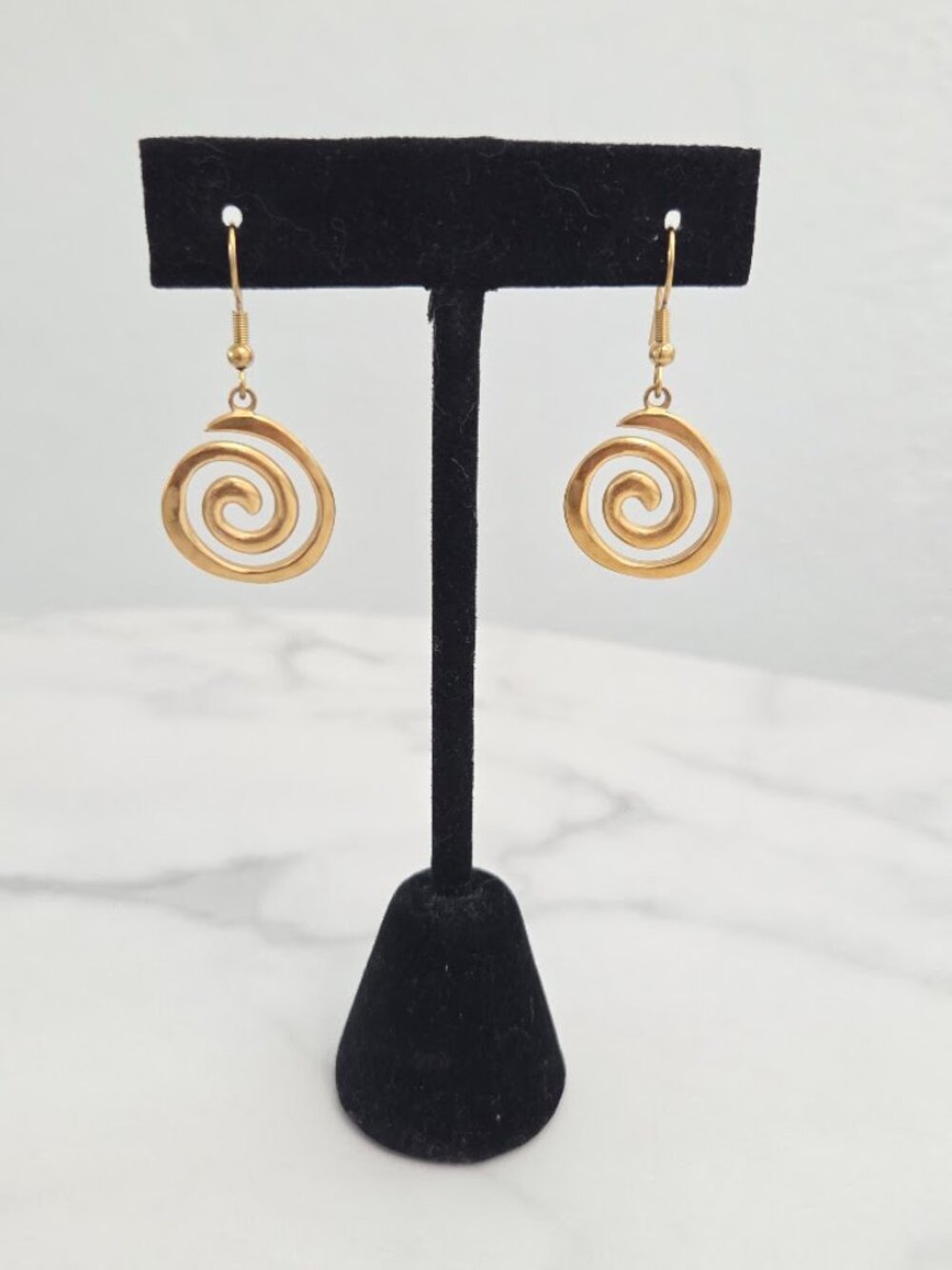 Gold Spiral Dangle Earrings Swirl Drop Boho Minimalist Jewelry - Picture 5 of 9